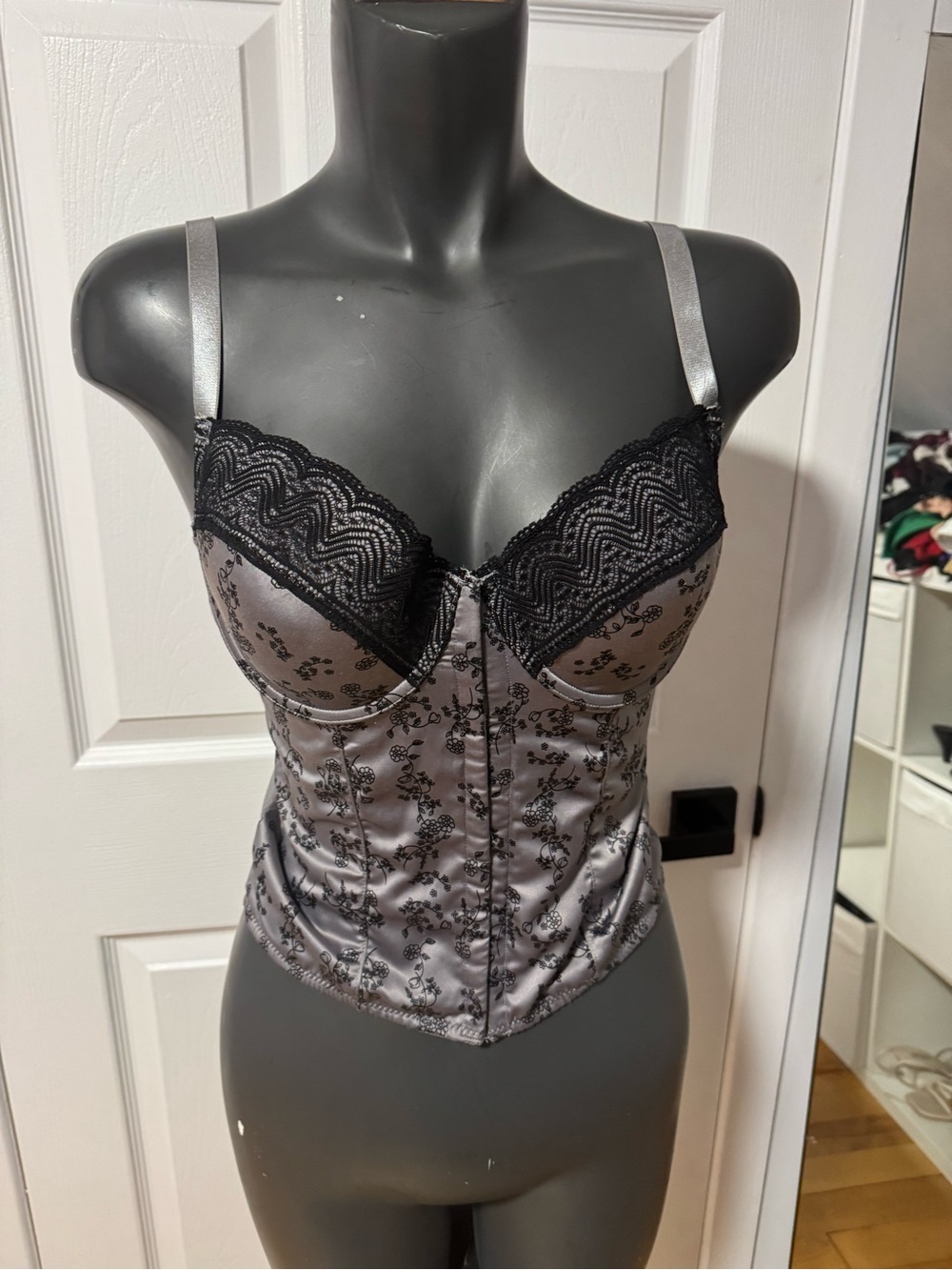 Satin Lace Bustier Corset - Gray & Black
